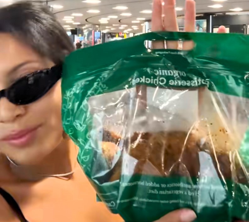 Chloe Gray stunned fellow flyers by bringing a rotisserie chicken on board as hand luggage, calling it her “designer bag” and a savvy, healthy alternative to plane food.