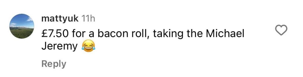 Social media comment on the post of Jeremy Clarkson is facing backlash for charging £7.50 for a bacon roll and £14 for a burger without chips at his country pub, with critics calling the prices greedy.