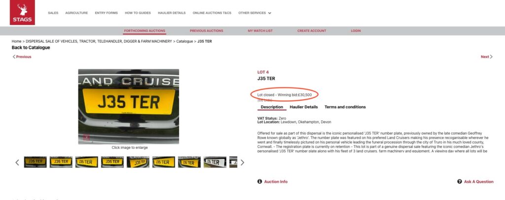 Comedy icon Jethro's cherished J35 TER number plate sold for £30,500 at auction, topping the sale of his Land Cruiser and farming gear after his 2021 passing.