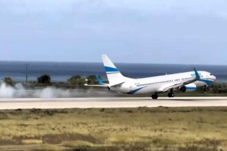 Passengers scream as Enter Air jet bounces on Rhodes runway during hard landing in 45kph crosswinds - pilot praised for avoiding disaster in viral video.