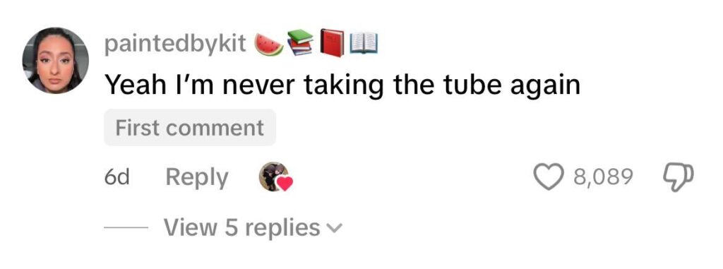 Social media comment on the post of First-time Tube rider Elaaf Siddiqui captured a spooky reflection resembling a ghost on the Jubilee line - but it turned out to be a double image of a clown costume.