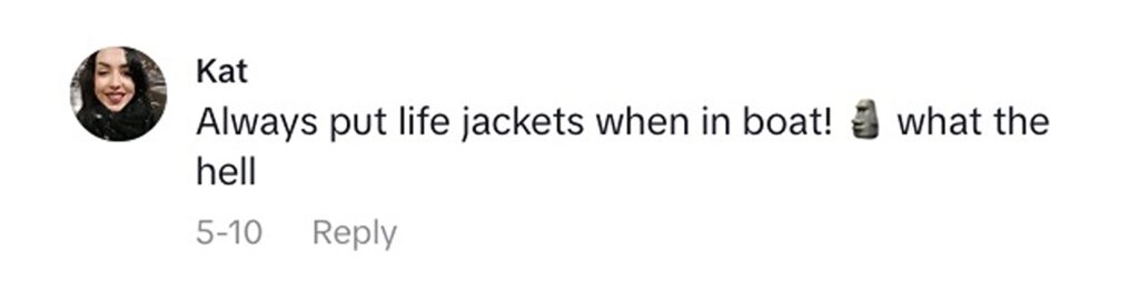 Social media comment on the post of Backpacking mum Kaylie Bryson defends letting toddler kayak without life jacket in viral video from the Philippines - says calm waters and safety training made it a safe choice.