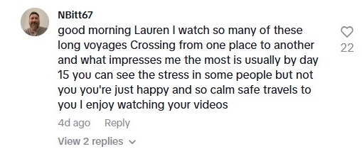 Social media comment on the post of Lauren Landers is sailing the world solo with her cat Mako, recently completing a 4,000-mile journey from Panama to French Polynesia, inspiring thousands online.