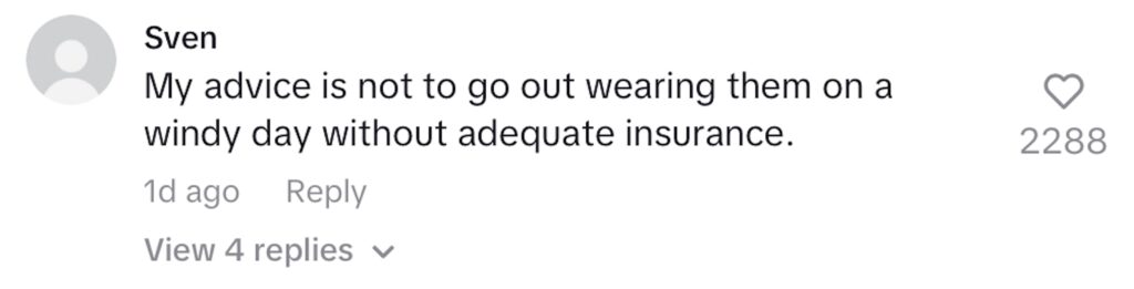 Social media comment on the post of Mum left in stitches after £5 Vinted jeans turn out hilariously huge - TikTok clip of extra wide-leg denim sparks jokes about wind warnings and Willy Wonka.