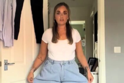 Mum left in stitches after £5 Vinted jeans turn out hilariously huge - TikTok clip of extra wide-leg denim sparks jokes about wind warnings and Willy Wonka.