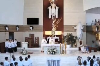 Boy topples Jesus statue during Polish church service - stunned worshippers watch as priest remains calm, video goes viral with over 1.5m views on TikTok.