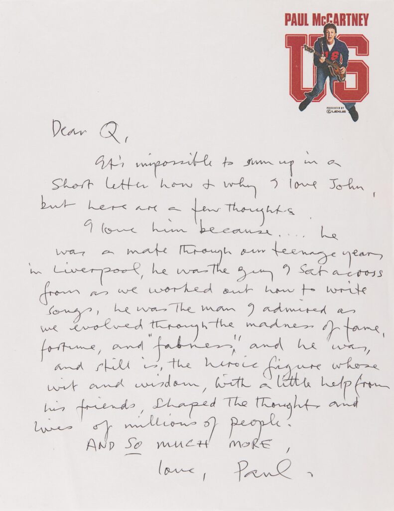 A heartfelt letter by Sir Paul McCartney about John Lennon is up for auction, expected to fetch over £74,000, offering a rare glimpse into their legendary friendship.