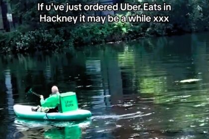 An Uber Eats courier was spotted delivering food by canoe on the River Lea in Hackney, London, amusing onlookers and sparking jokes about eco-friendly and scenic routes.