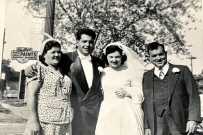 A 1953 wedding photo found in a donated book has been returned to the couple’s granddaughter, Sarah Ruggirello, after a library’s viral post helped track down the family.