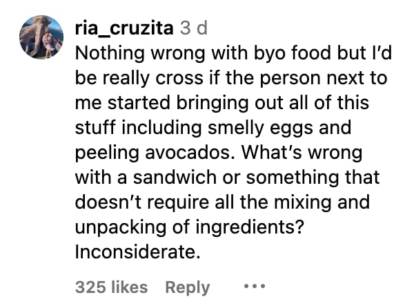 Social media comment on the post of A woman went viral for making a salad with boiled eggs mid-flight, sparking social media outrage over airplane etiquette, but she insists her meal was odourless and discreet.