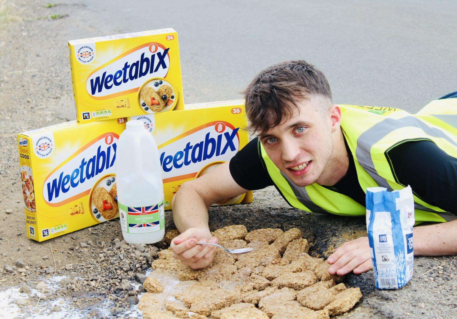 Angry Brit fills Gloucestershire pothole with Weetabix to protest road conditions - cyclists cheer as stunt draws attention to council inaction and sparks viral reaction.