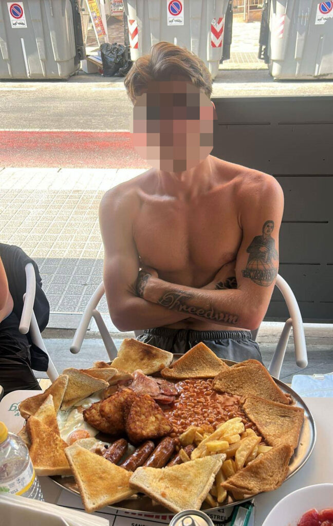 Brit Jak Aitcheson failed the Benidorm belly buster breakfast challenge and was mocked for barely touching the 2,760-calorie feast - claiming he nodded off mid-meal.