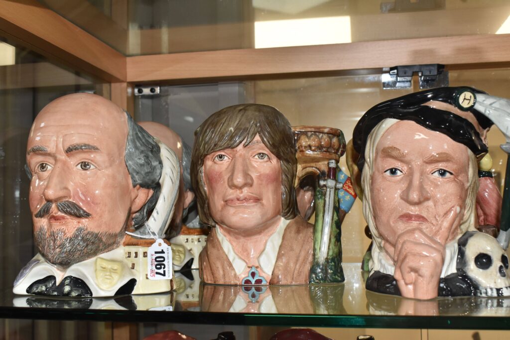 Over 300 rare character and Toby jugs collected over 25 years are up for auction in Lichfield, showcasing royalty, legends, and entertainers from across the centuries.