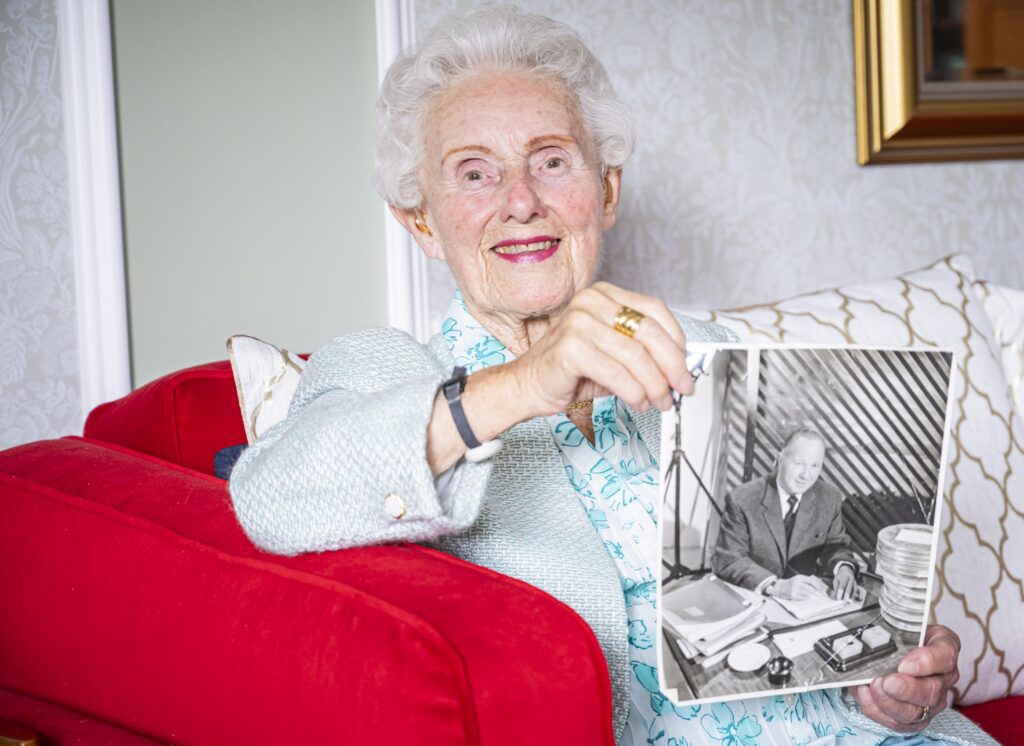 A 92-year-old care home resident reveals she typed the script for Dr No, helped launch Fred Perry’s fashion line and once served tea to stars like Sean Connery and Elizabeth Taylor.