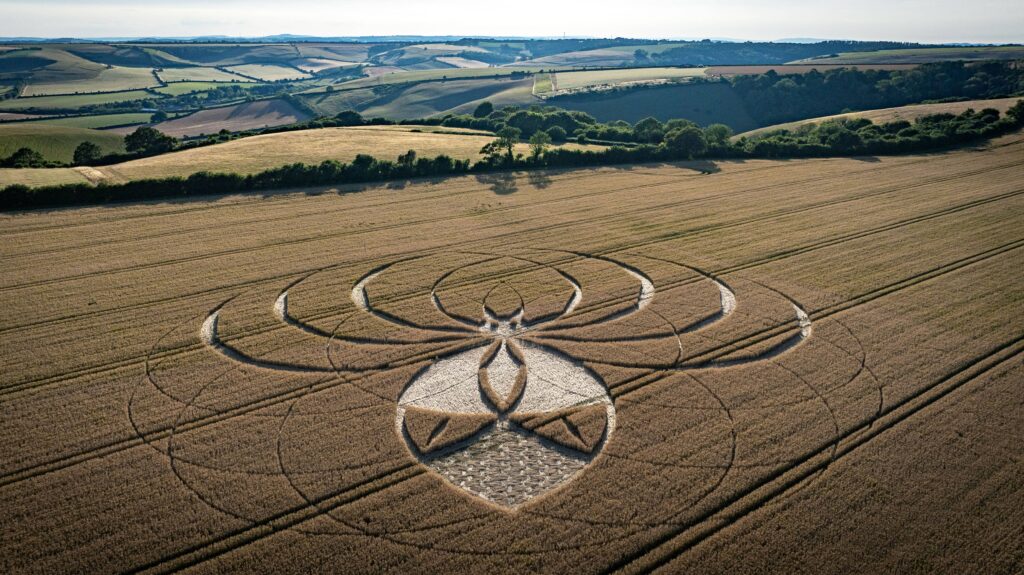A giant spider crop circle has appeared near the famous Dorset chalk giant, sparking alien theories and a police probe into criminal damage due to its financial impact.