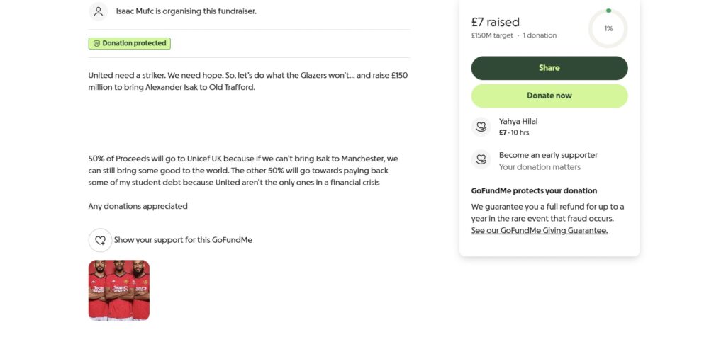 Manchester United fan launches £150m GoFundMe to sign Alexander Isak from Newcastle – promises half to Unicef and half to pay student debt if transfer fails.