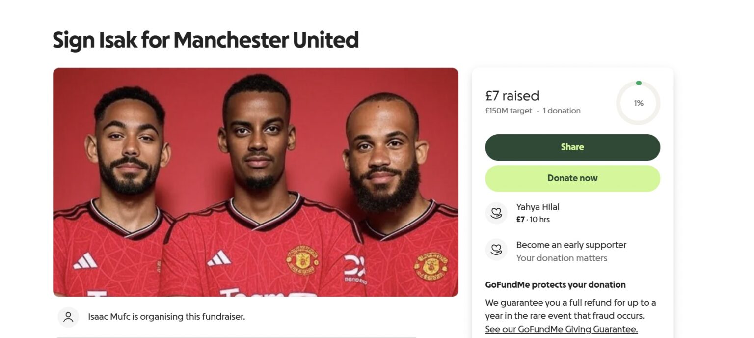 Manchester United fan launches £150m GoFundMe to sign Alexander Isak from Newcastle – promises half to Unicef and half to pay student debt if transfer fails.