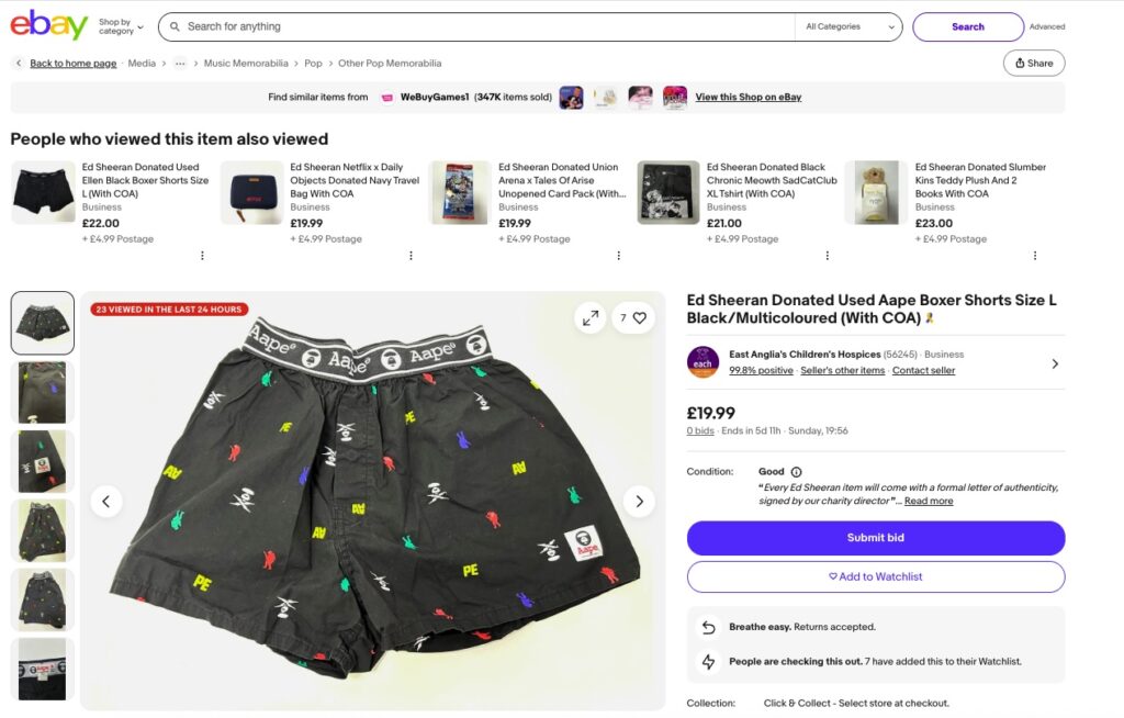 Ed Sheeran’s used boxers up for charity auction at £22 - fans bid on hairy preloved pants donated to hospice shop near his Suffolk hometown after Ipswich gigs.