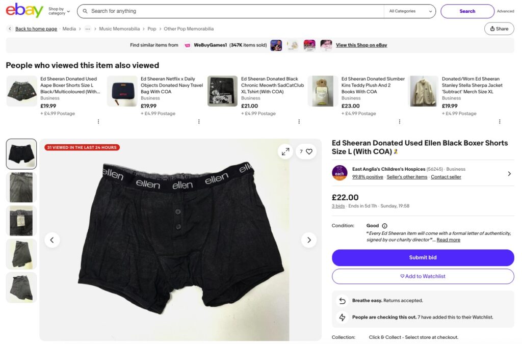 Ed Sheeran’s used boxers up for charity auction at £22 - fans bid on hairy preloved pants donated to hospice shop near his Suffolk hometown after Ipswich gigs.