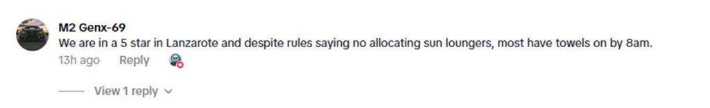 Social media comment on the post of A Brit couple slammed their Salou hotel for unfair sunbed rules after getting a warning for leaving loungers for 30 mins while others were gone for hours unpunished.