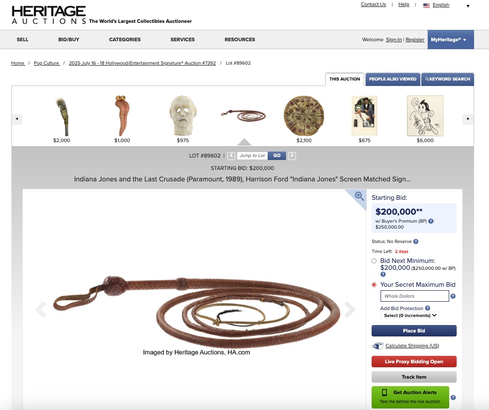 Indiana Jones bullwhip from Last Crusade hits auction at $200,000 - iconic prop gifted to King Charles in 1989 comes with Lucasfilm authentication and rich history.