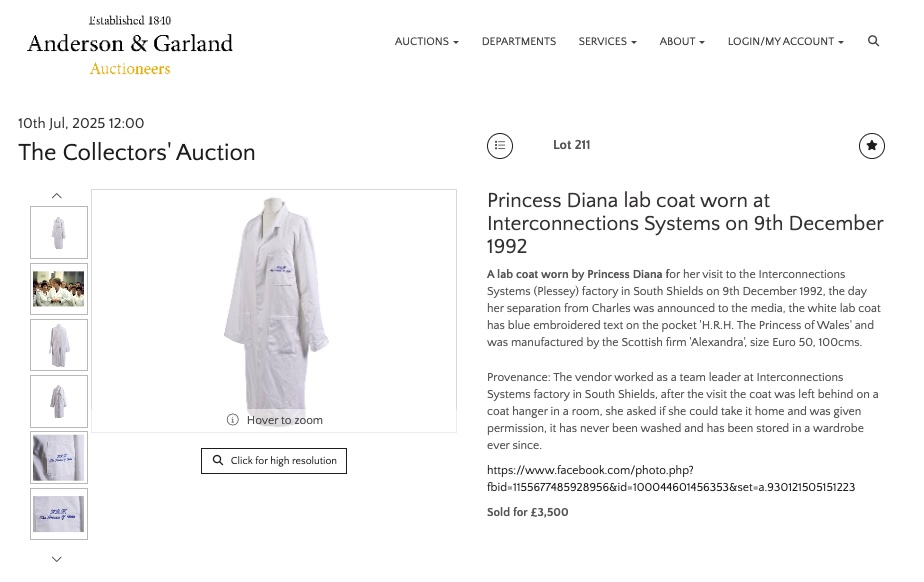 Princess Diana’s unwashed lab coat from a 1992 factory visit, left behind the day her separation was announced, has sold for £4,500 after decades hidden in a wardrobe.