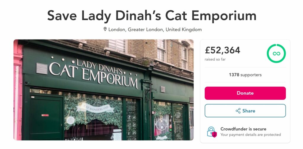 Lady Dinah's Cat Emporium is saved by a mystery investor after facing closure, with plans to reopen in a new venue and continue delighting cat lovers under new leadership.