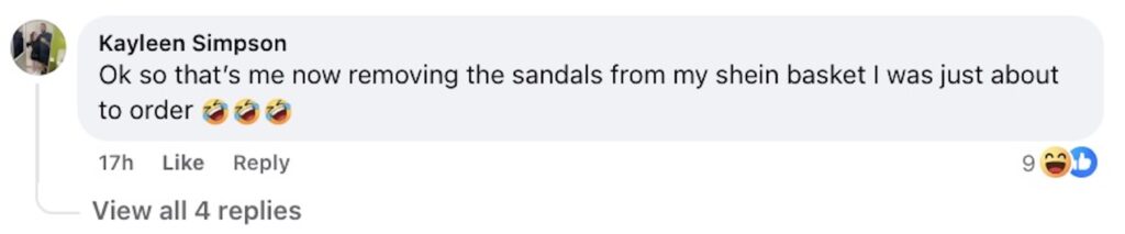 Social media comment on the post of Mum left in stitches after £3 Shein sandals turn out to be toddler-sized - now her dog Kaya rocks them in a viral fashion twist that has the internet howling with laughter.
