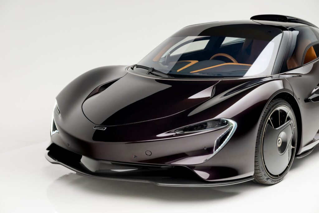 A rare 2020 McLaren Speedtail with just 71 miles, violet finish, £81k roof scoop and 250mph top speed is up for auction at £1.45m through RM Sotheby's.