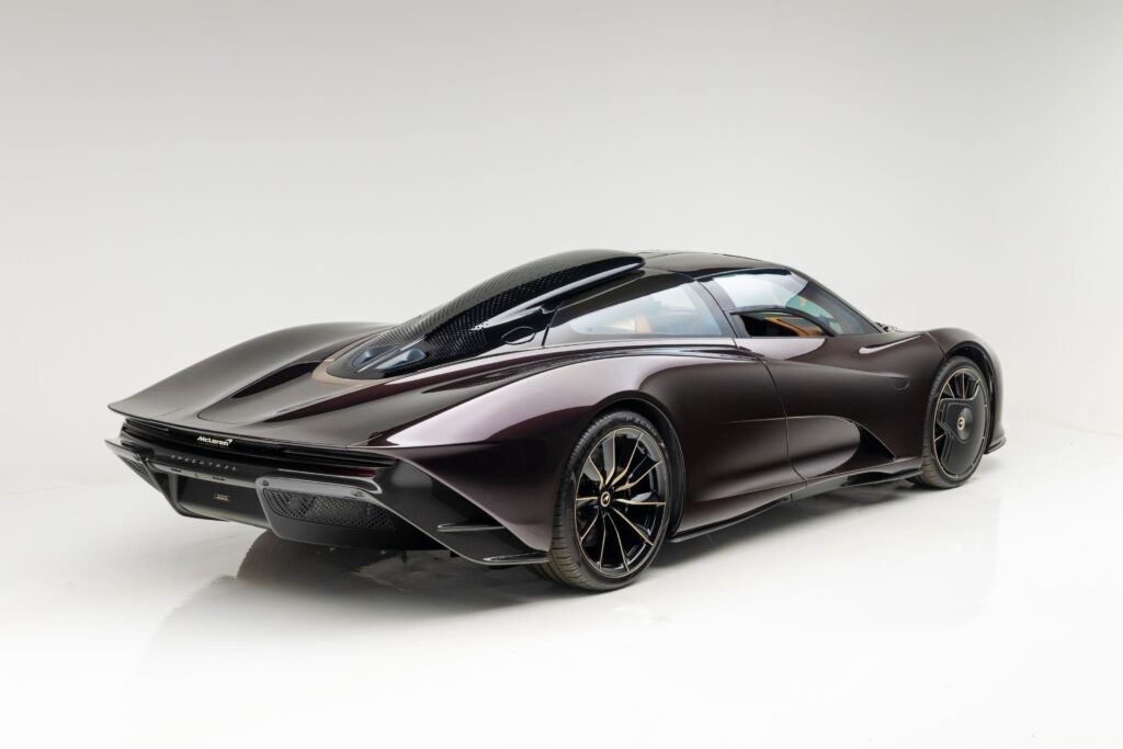 A rare 2020 McLaren Speedtail with just 71 miles, violet finish, £81k roof scoop and 250mph top speed is up for auction at £1.45m through RM Sotheby's.