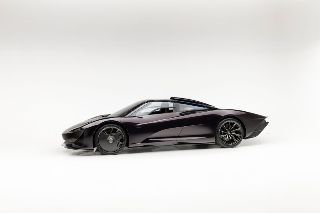 A rare 2020 McLaren Speedtail with just 71 miles, violet finish, £81k roof scoop and 250mph top speed is up for auction at £1.45m through RM Sotheby's.
