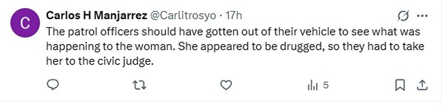 Social media comment on the post of Scared cops film spooky woman in white coat and stockings standing still in Mexico City alley with hair covering face as video sparks eerie reactions online.