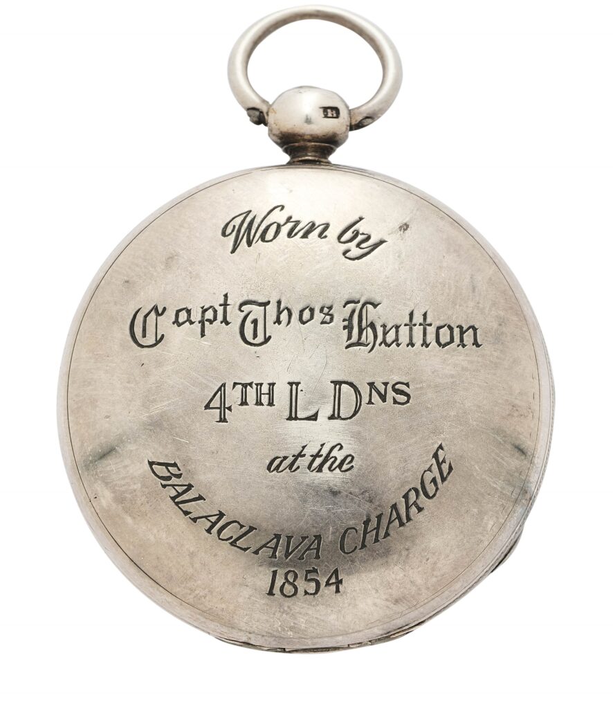 A pocket watch worn during the Charge of the Light Brigade by Captain Thomas Hatton sold for £6,875, captivating bidders with its heroic Crimean War history.