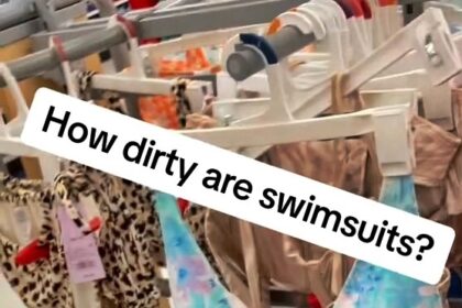 A microbiologist found bacteria on swimsuit hygiene stickers, revealing why you should always try swimwear on over clothes and wash it before wearing on skin.