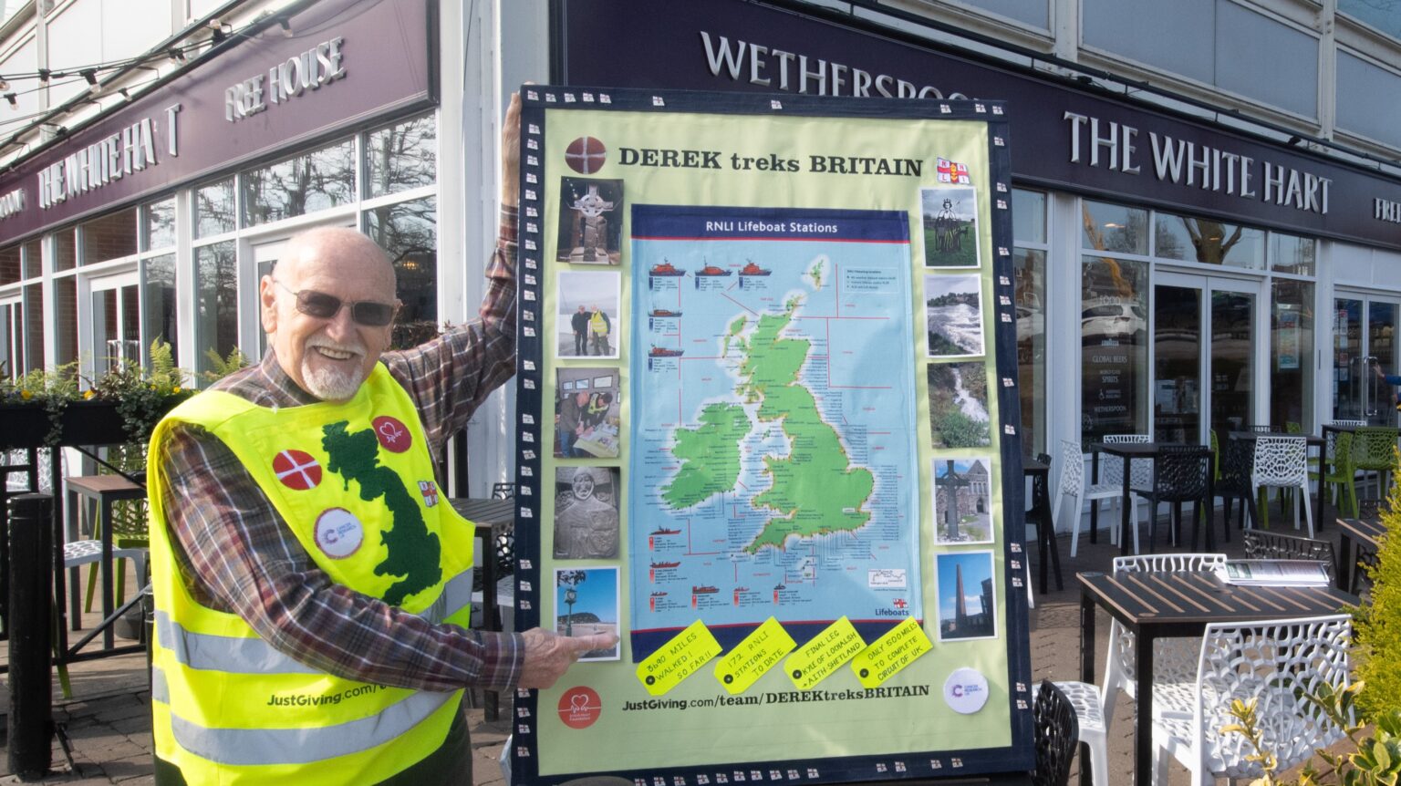 82-year-old hitchhiker Derek Adams aims to visit every Wetherspoon pub in the UK - has ticked off 76 so far while walking Britain’s coast and raising £9,000 for charity.