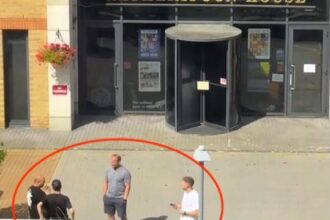 Four men were caught on camera accidentally trying to enter Wetherspoons’ head office in Watford thinking it was a pub, leaving locals and millions online in stitches.
