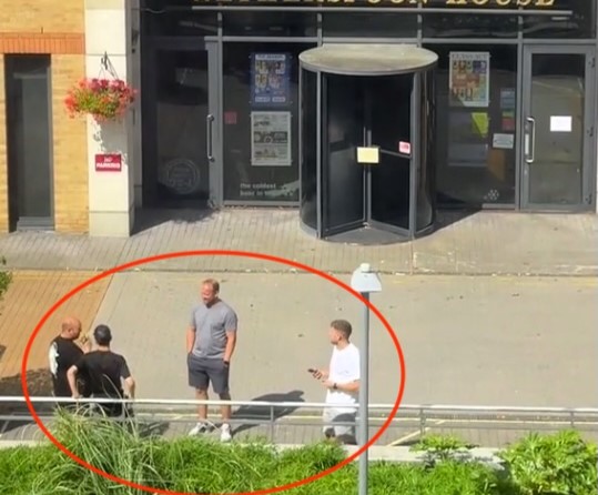 Four men were caught on camera accidentally trying to enter Wetherspoons’ head office in Watford thinking it was a pub, leaving locals and millions online in stitches.