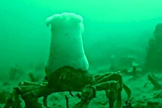 Scuba diver spots real life Mr Krabs in Lake Tahoe as a crab wearing a plumose anemone like a chef’s hat goes viral with millions of views and hilarious SpongeBob jokes.