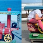 Steve Dance, 54, recreated a childhood seaside photo on the same ride in Devon nearly 50 years later as a heartfelt tribute to his late dad who took the original picture.