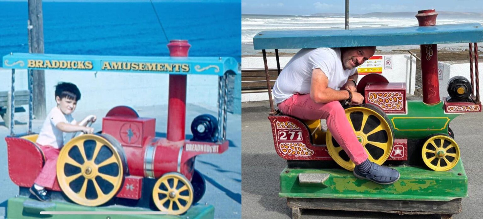 Steve Dance, 54, recreated a childhood seaside photo on the same ride in Devon nearly 50 years later as a heartfelt tribute to his late dad who took the original picture.