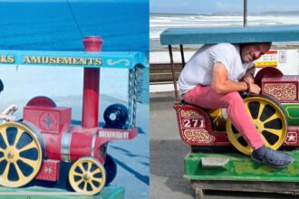 Steve Dance, 54, recreated a childhood seaside photo on the same ride in Devon nearly 50 years later as a heartfelt tribute to his late dad who took the original picture.