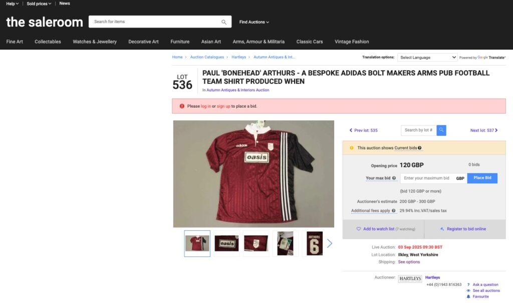 Rare Oasis football shirts to fetch thousands at auction - Noel and Liam Gallagher’s 1995 pub team kits made by Adidas expected to sell for up to £3,000 in Ilkley sale.
