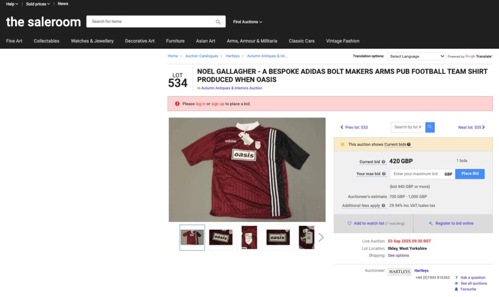 Rare Oasis football shirts to fetch thousands at auction - Noel and Liam Gallagher’s 1995 pub team kits made by Adidas expected to sell for up to £3,000 in Ilkley sale.