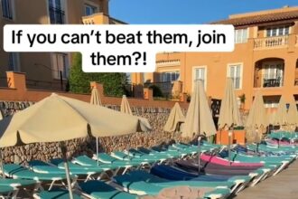 A mum on a £3500 Menorca holiday gave in to the dreaded sunbed wars after early risers claimed loungers by 8am despite rules banning it sharing her frustration online.