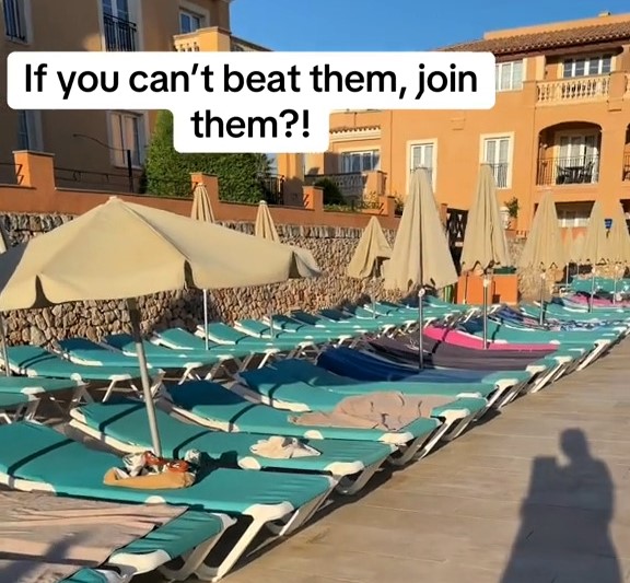 A mum on a £3500 Menorca holiday gave in to the dreaded sunbed wars after early risers claimed loungers by 8am despite rules banning it sharing her frustration online.