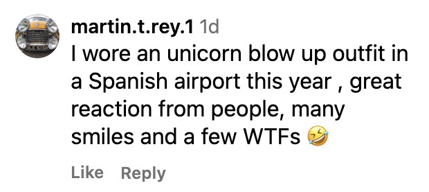Social media comment on the post of Inflatable shark in sunglasses and rubber ring greets holidaymaker at Heathrow Airport - hilarious reunion stunt leaves passengers in stitches at arrivals hall.