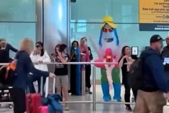 Inflatable shark in sunglasses and rubber ring greets holidaymaker at Heathrow Airport - hilarious reunion stunt leaves passengers in stitches at arrivals hall.