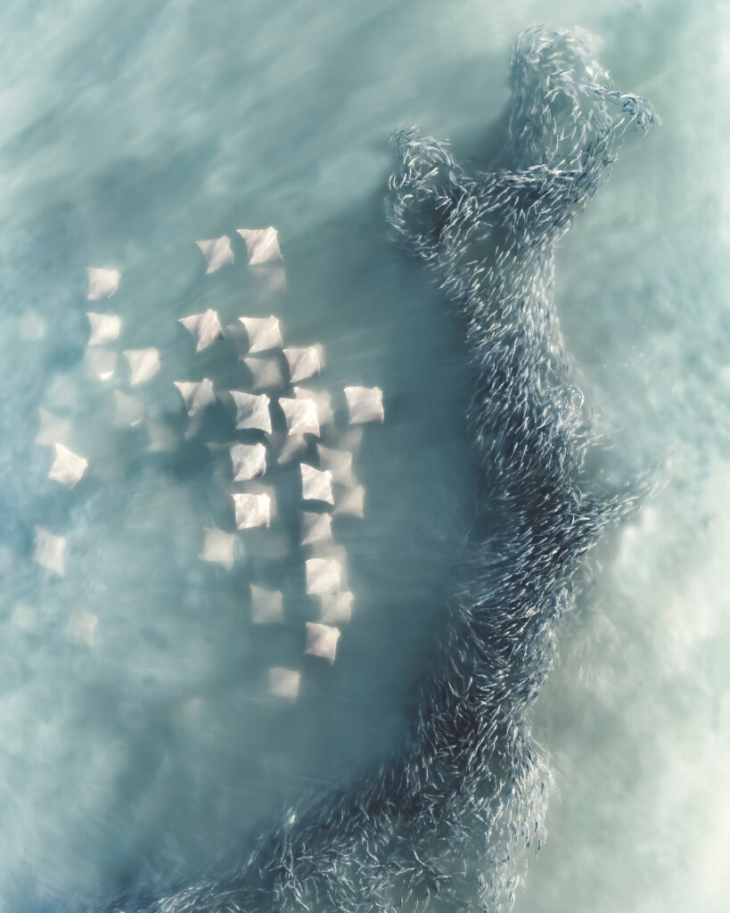 An aerial photo of a spinner shark hunting menhaden fish has won the International Aerial Photographer of the Year Award, showcasing breathtaking marine life from above.