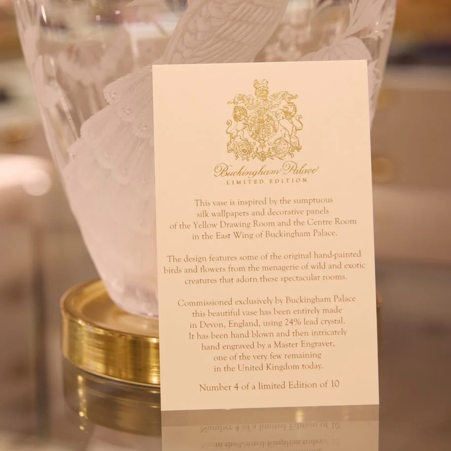 King Charles has launched a £4,000 limited edition crystal vase as a luxury wedding gift, inspired by Buckingham Palace wallpaper with only 10 pieces available worldwide.
