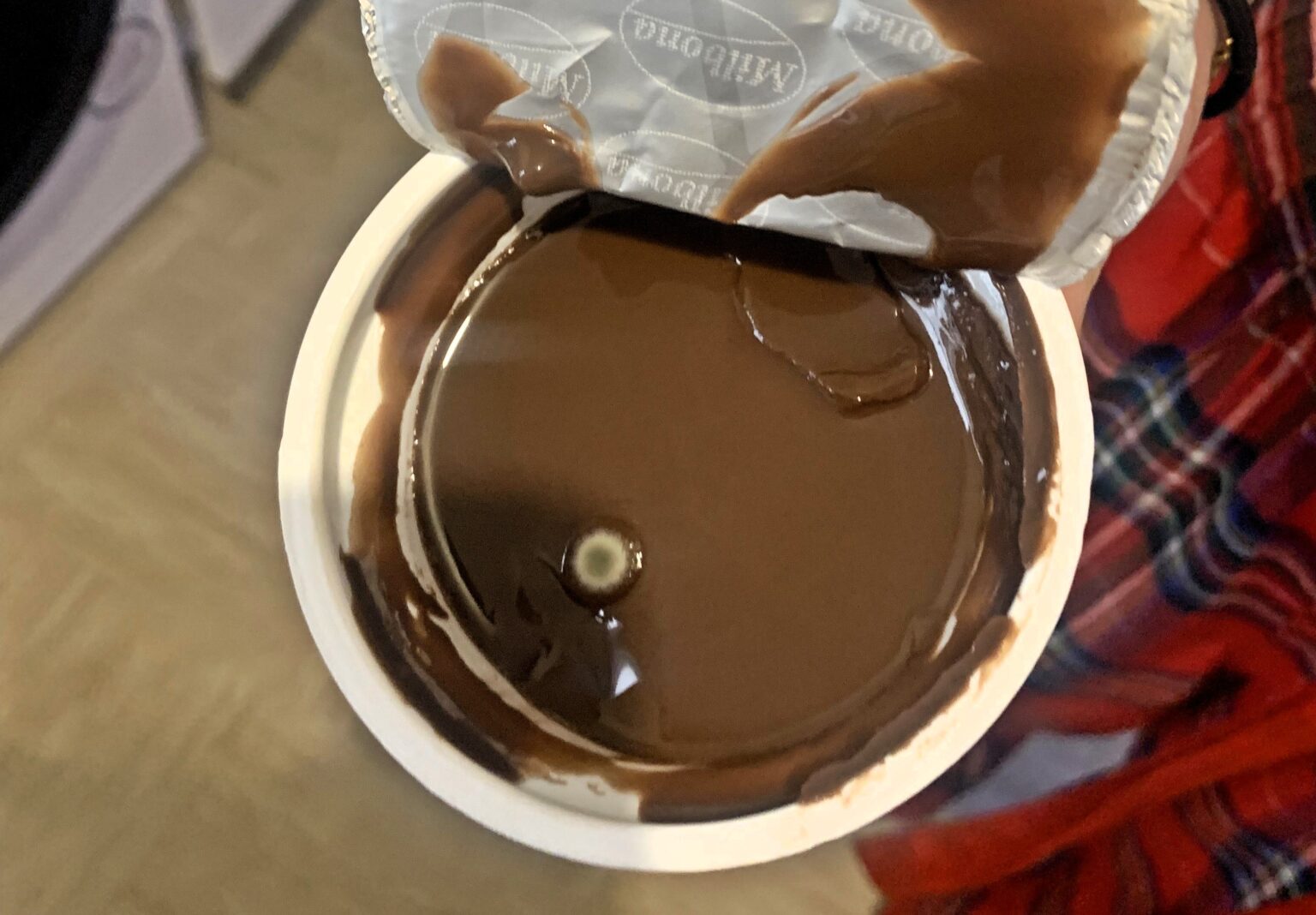 Mould growing inside sealed pot of chocolate protein pudding
